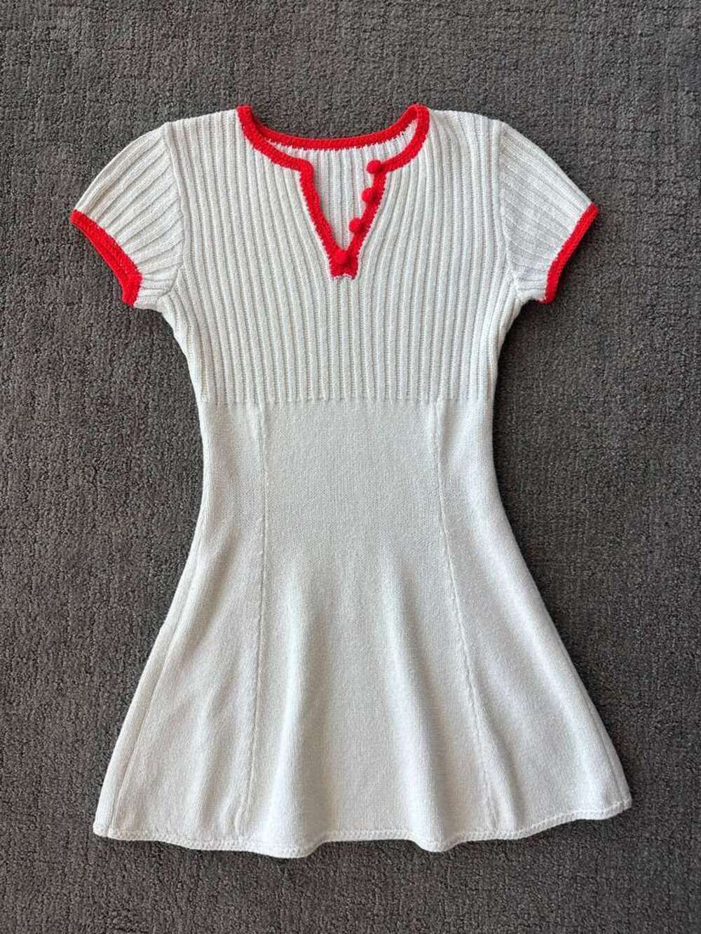 Vintage 70s White Knit Tennis Mini Dress Red Pom Pom Trim Sporty - XS